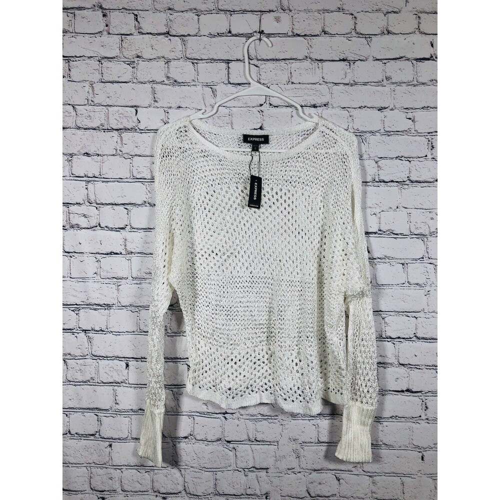 Express‎ Women's Open Knit Sweater Batwing Sheer White Size M